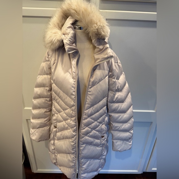 Kenneth Cole Reaction Jackets & Blazers - Women's Kenneth Cole Cream Puffer Coat with Faux Fur Hood